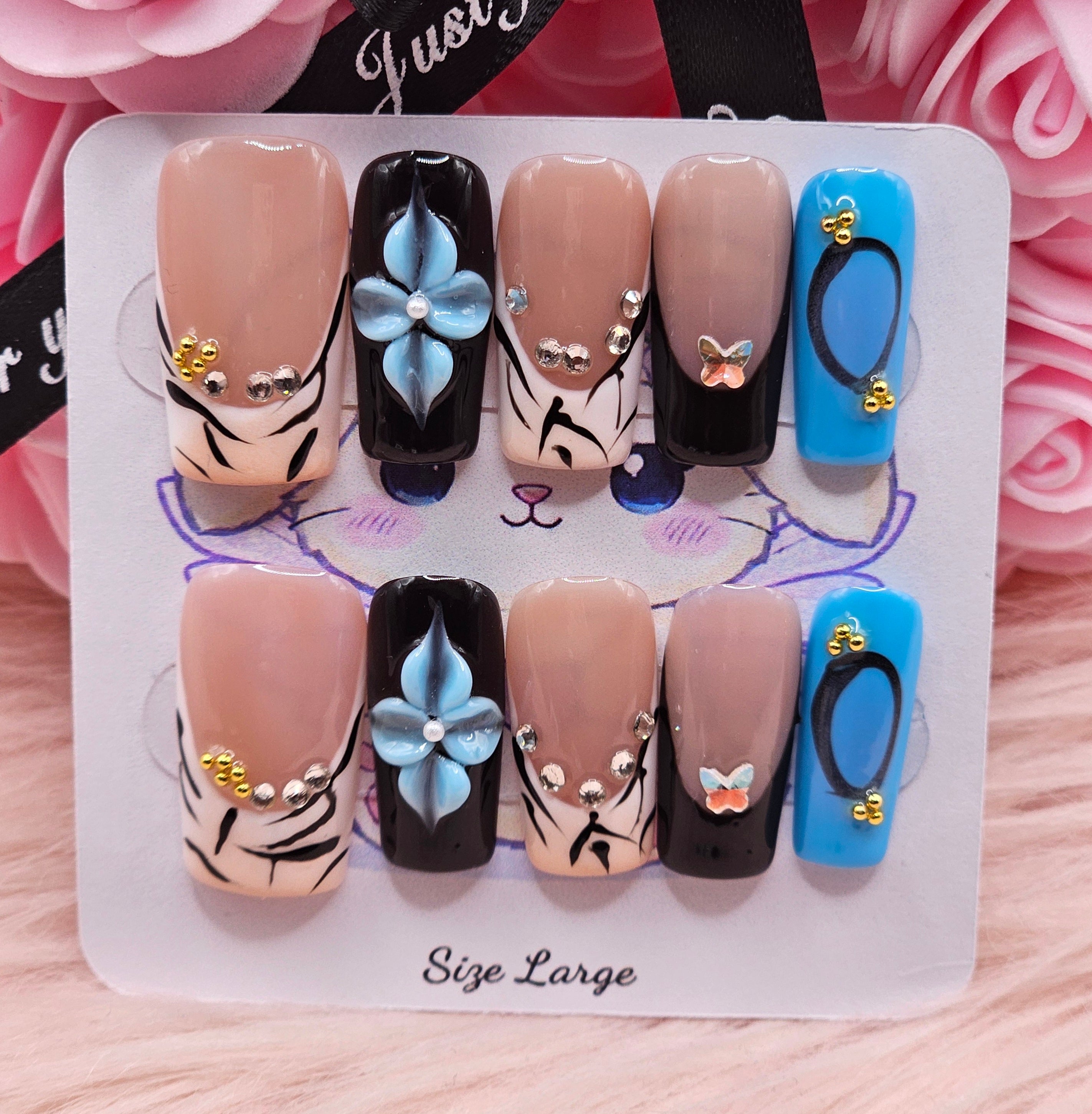 Blue Bloom 10pc Press-On Nail Set - Large